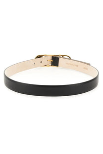 Versace women’s black leather belt with gold-tone safety pin buckle and matching hardware