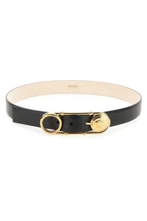 Versace women’s safety pin belt black leather with gold-tone hardware and medusa head buckle featuring the logo