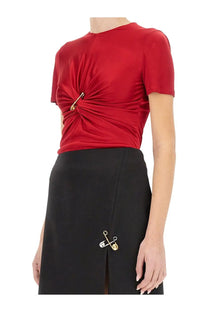 Versace women’s red satin top with twisted front detail secured by gold-tone safety pin clasps