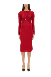 Versace women’s red long-sleeved midi dress with gathered front detail and silver-toned button accent