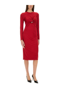Versace women’s red long-sleeved midi dress with gathered front detail and small metallic button accent