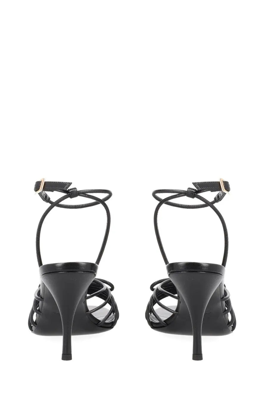 Versace women’s sandalo opera bow black leather strappy high-heeled sandals with a sleek crisscross design and gold-tone ankle straps