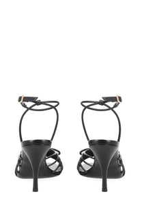 Versace women’s sandalo opera bow black leather strappy high-heeled sandals with a sleek crisscross design and gold-tone ankle straps