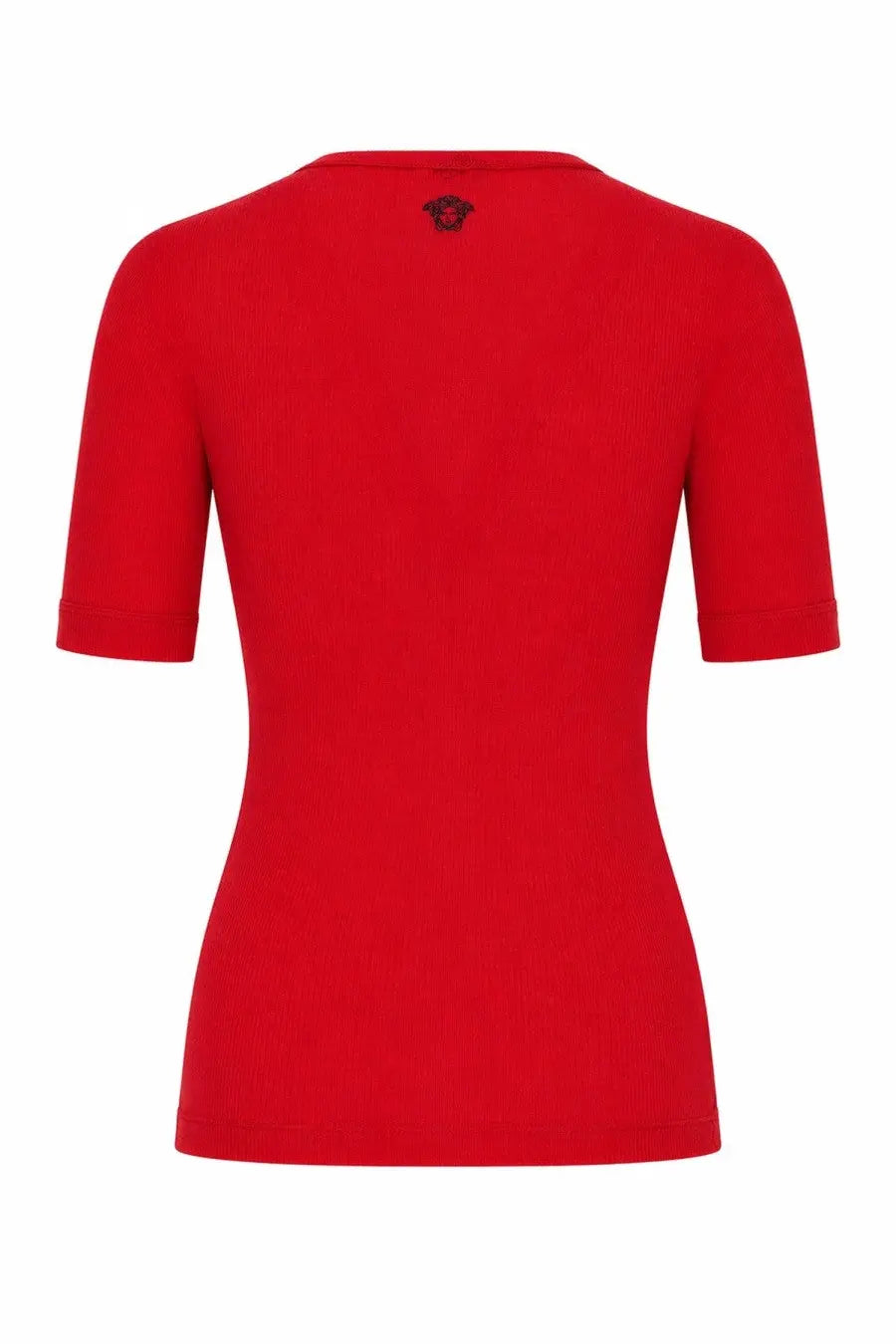 Red short-sleeved ribbed knit shirt with black versace logo at neckline in lana coste con ricamo material