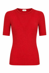 A vibrant red ribbed knit short-sleeved versace shirt in lana coste with ricamo and a classic crew neckline