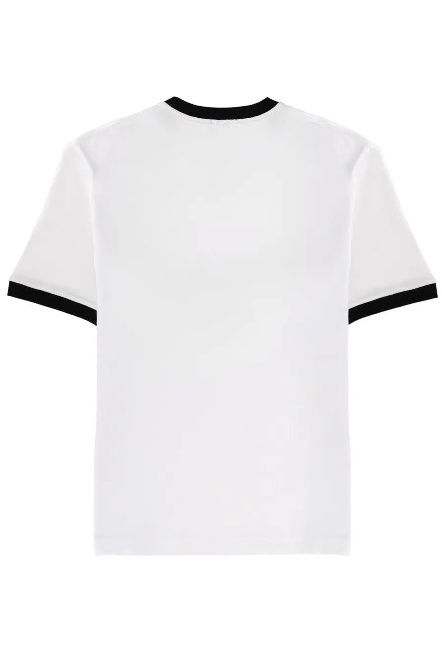 Versace women’s white short-sleeved t-shirt with black ribbed trim on collar and sleeve cuffs