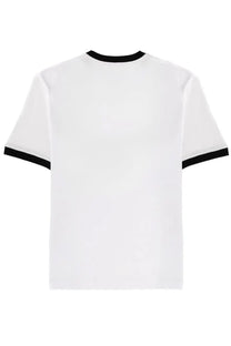 Versace women’s white short-sleeved t-shirt with black ribbed trim on collar and sleeve cuffs