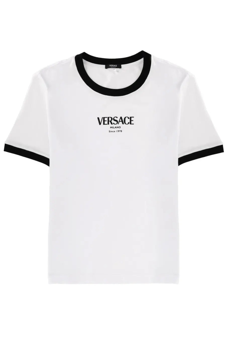 Versace women’s white t-shirt with black ribbed crew neck and sleeve cuffs featuring centered versace milano logo