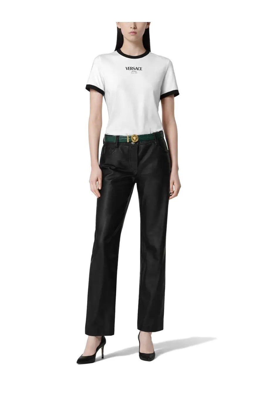 Versace women’s white t shirt with black ribbed trim and logo on the chest in cotton material