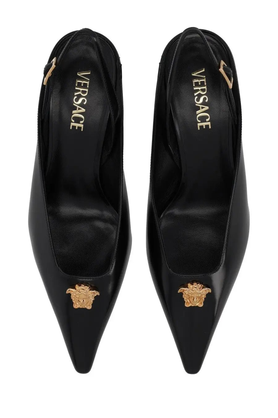 Versace women’s black patent leather slingback pumps with gold-tone medusa head embellishments at the toe