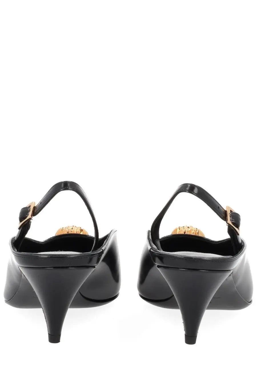 Versace women’s jellyfish black slingback heels in black patent leather with gold-tone medusa head embellishments