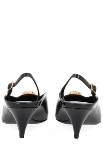 Versace women’s jellyfish black slingback heels in black patent leather with gold-tone medusa head embellishments