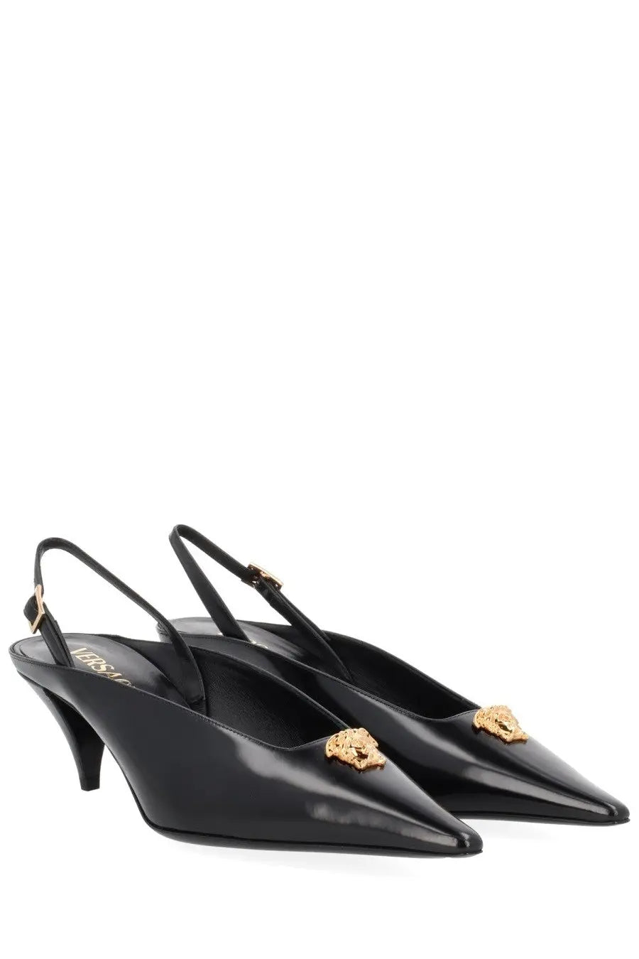 Versace women’s shoe the jellyfish black black patent leather slingback heels with gold medusa head embellishments