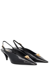Versace women’s shoe the jellyfish black black patent leather slingback heels with gold medusa head embellishments