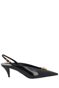 Versace women’s jellyfish black slingback pump in black patent leather with gold medusa head and slender heel