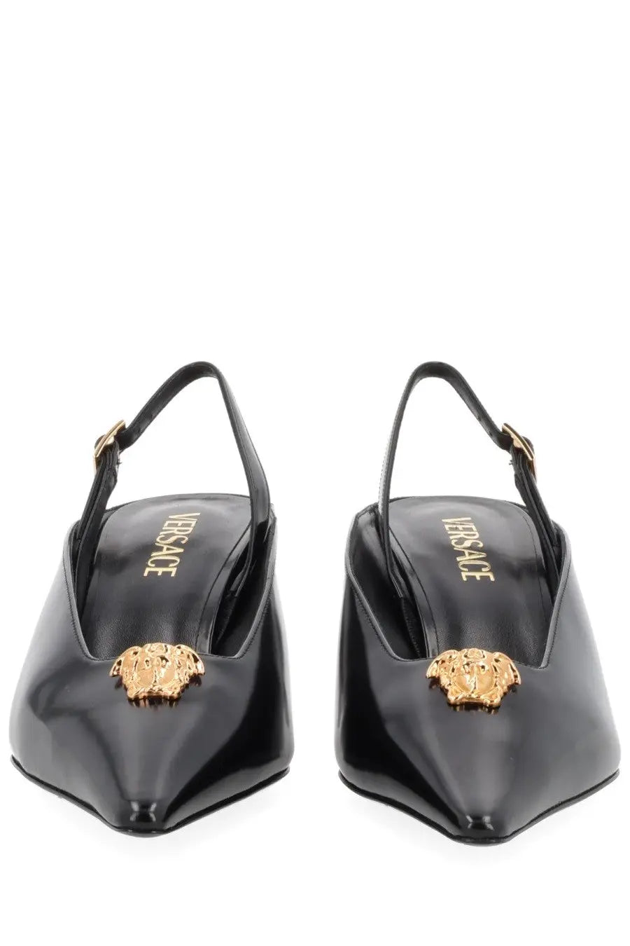 Versace women’s jellyfish black slingback pumps in black patent leather with gold-tone medusa head embellishments