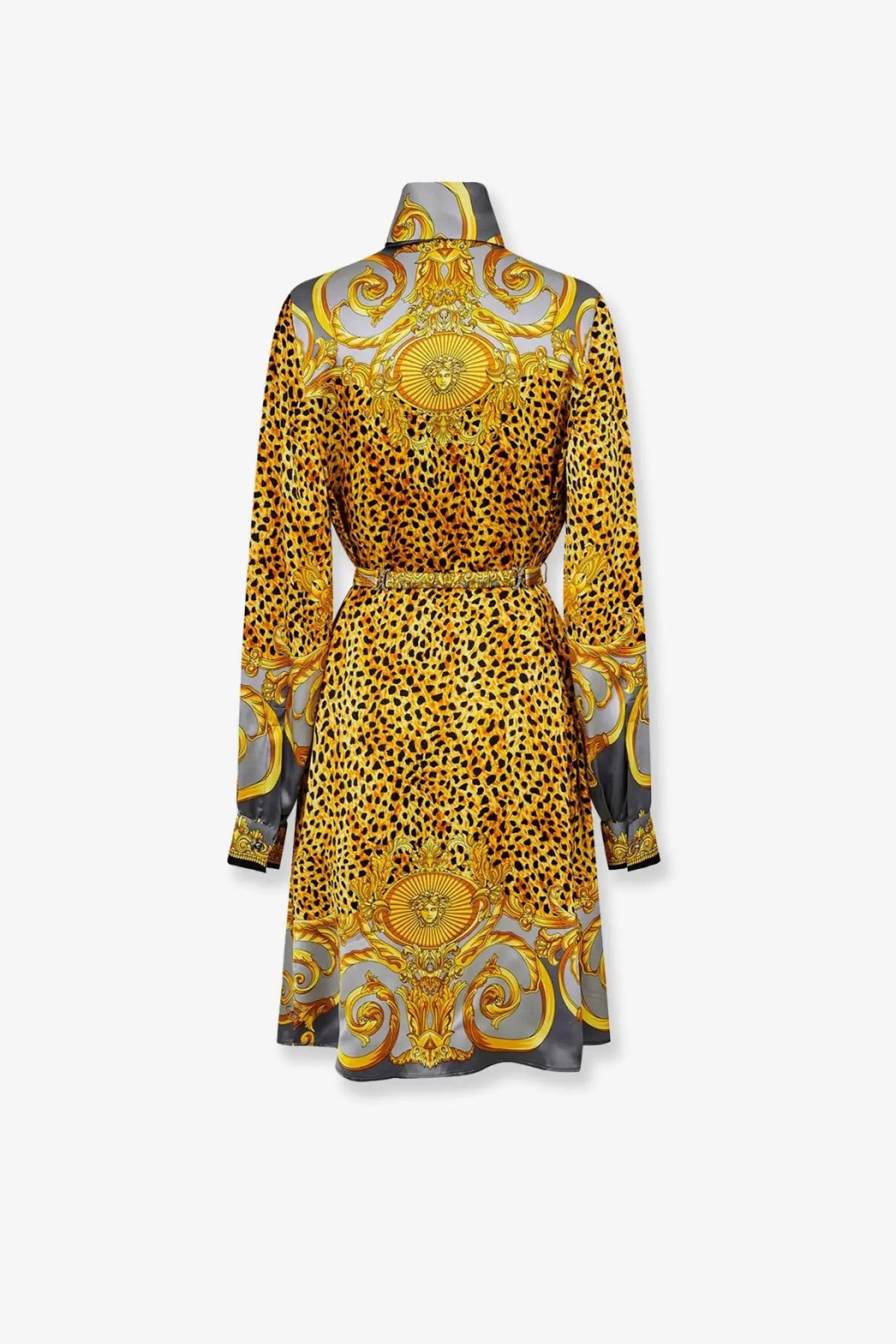 Versace women’s silk chemisier dress grey with gold and gray leopard print and ornate baroque patterns with high collar and belt