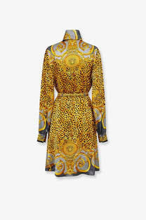 Versace women’s silk chemisier dress grey with gold and gray leopard print and ornate baroque patterns with high collar and belt