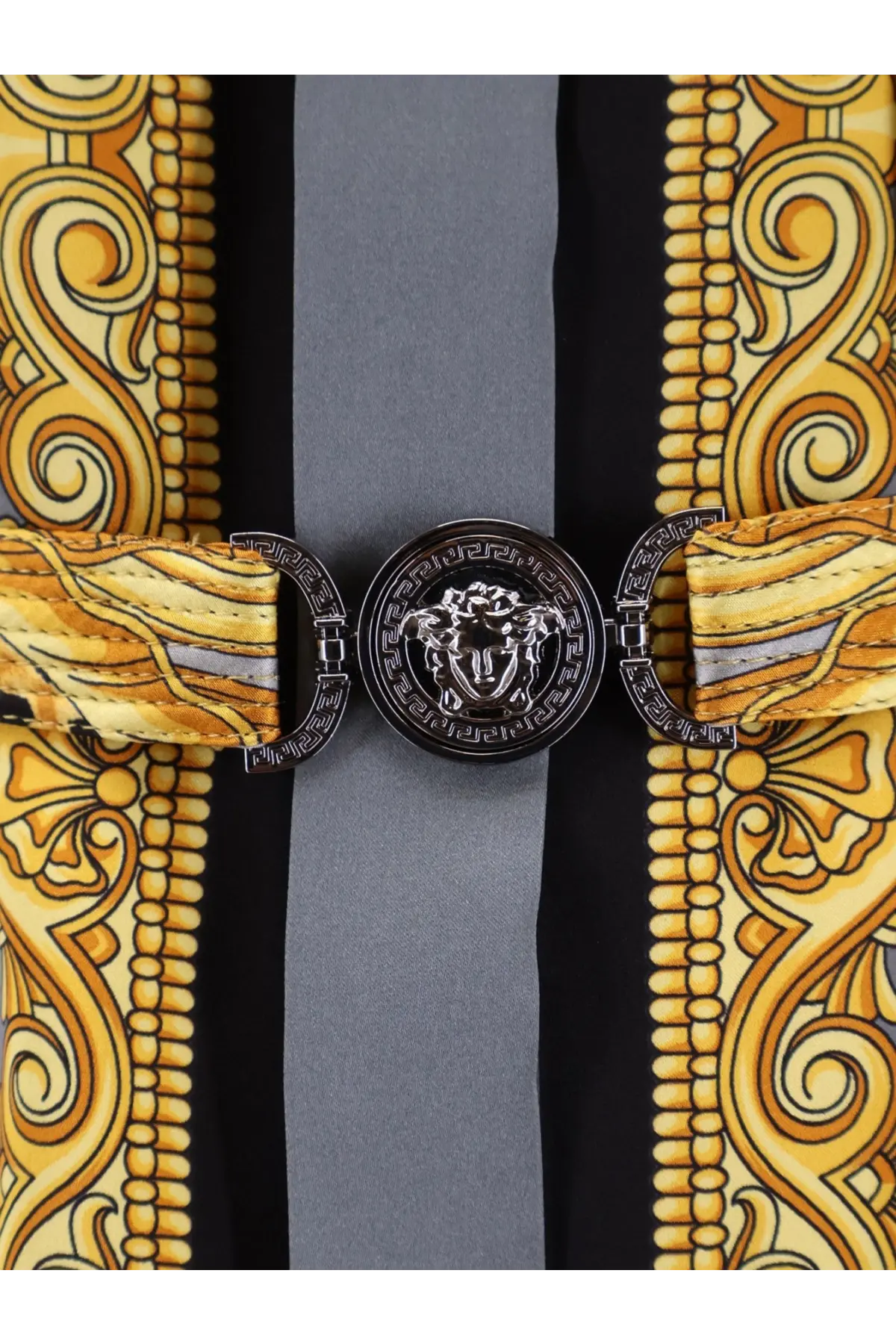Versace women silk chemisier dress grey with black and gold patterned fabric strap and medusa head belt buckle