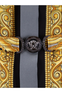 Versace women silk chemisier dress grey with black and gold patterned fabric strap and medusa head belt buckle
