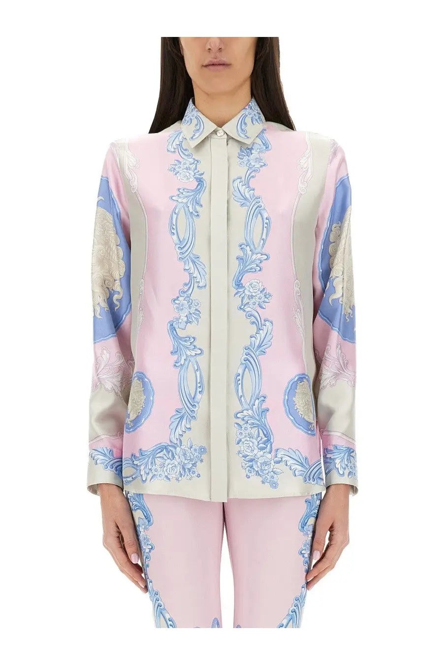 Versace women’s silk shirt cameo blue featuring a pink and blue ornate patterned blouse with a classic collar