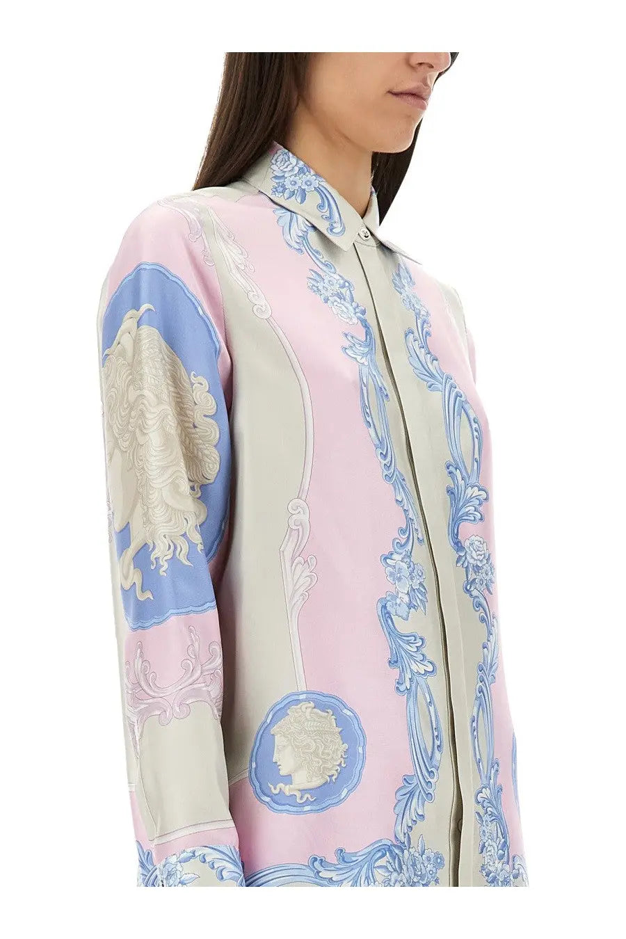 Versace women’s silk shirt cameo blue with pink and blue baroque-patterned blouse and classic collar