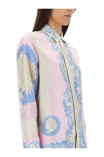 Versace women’s silk shirt cameo blue with pink and blue baroque-patterned blouse and classic collar