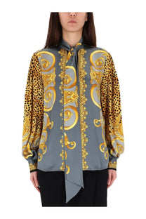 Versace women’s grey silk blouse with gold baroque patterns leopard print sleeves and tie neck design