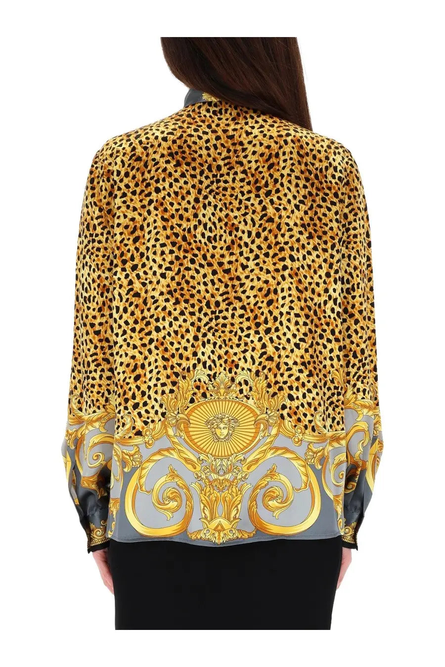 Versace women’s silk blouse in grey with gold and black leopard print and ornate baroque hem detailing
