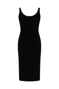 Versace women’s black sleeveless midi dress with a fitted silhouette and rounded neckline perfect for elegant occasions