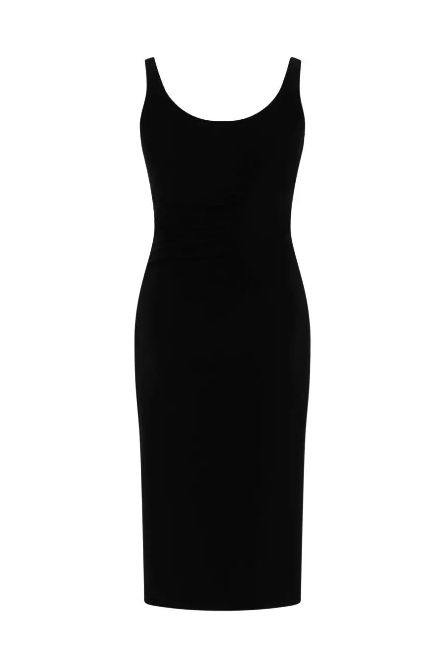 Versace women’s black sleeveless midi dress with fitted silhouette and rounded neckline perfect for elegant occasions