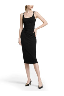 Versace women’s black sleeveless midi dress with ruched detailing and silver-toned hardware on shoulder straps