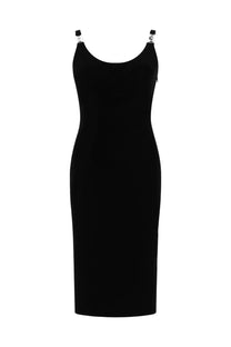 Versace women’s black sleeveless midi dress with silver-toned hardware accents on shoulder straps