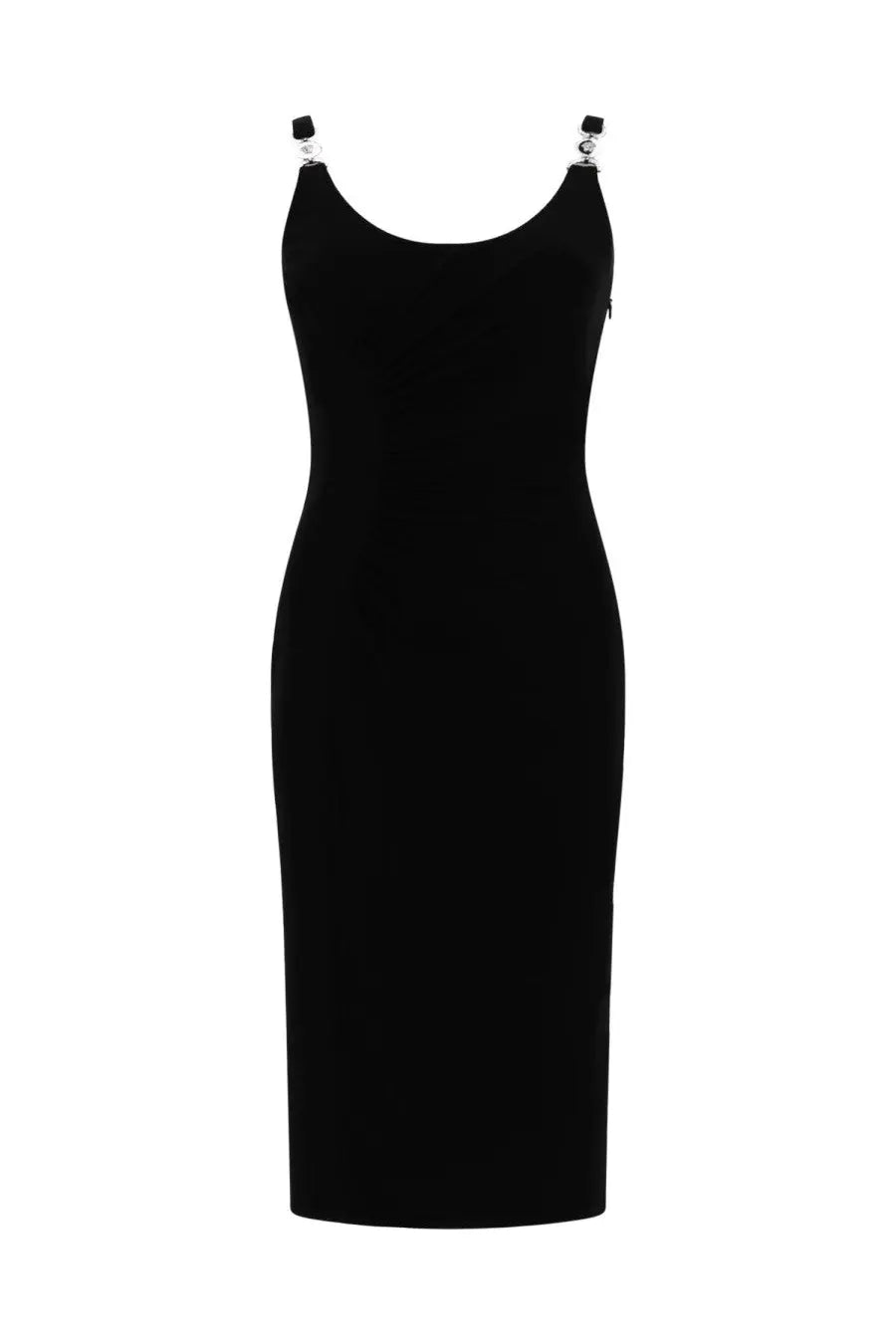 Versace women’s black sleeveless midi dress with silver-toned hardware accents on shoulder straps