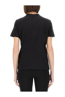 Black short-sleeved Versace women’s starry sky shirt with simple crew neck design in soft fabric for casual wear