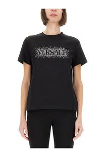 Black versace women’s t shirt with a sparkling silver logo across the chest in starry sky design