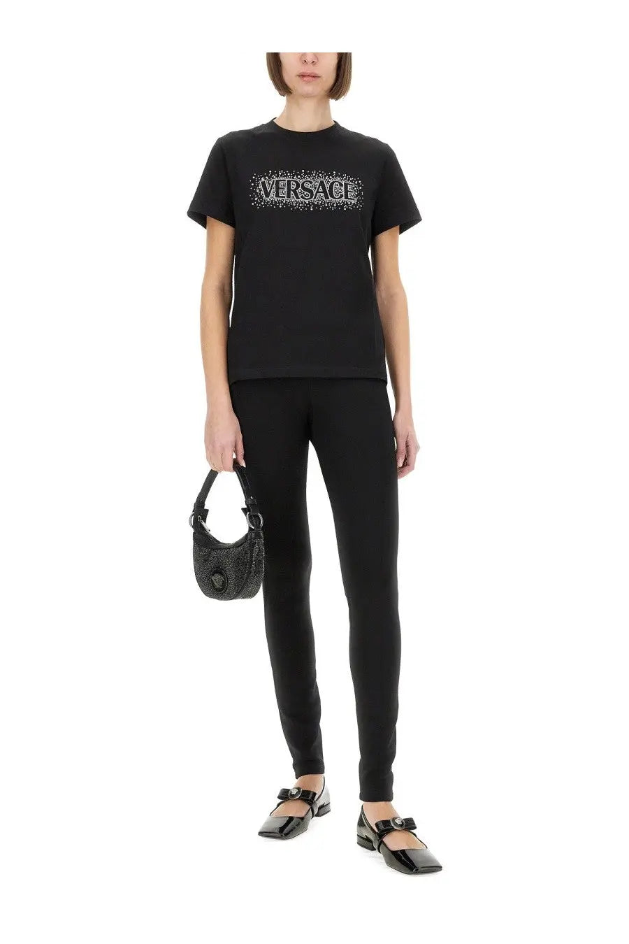 Versace women’s black t-shirt with a sparkling silver logo across the chest starry sky design