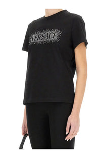 Versace women’s black t shirt with a sparkling silver logo across the chest starry sky design