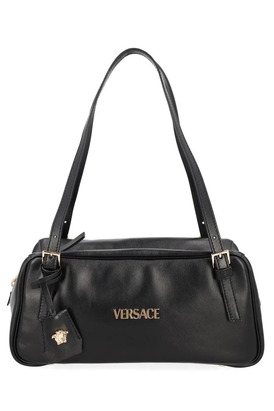 Black leather versace women’s tag bag with gold-tone logo and medusa head charm