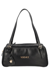 Black leather versace women’s tag bag with gold-tone logo and medusa head charm