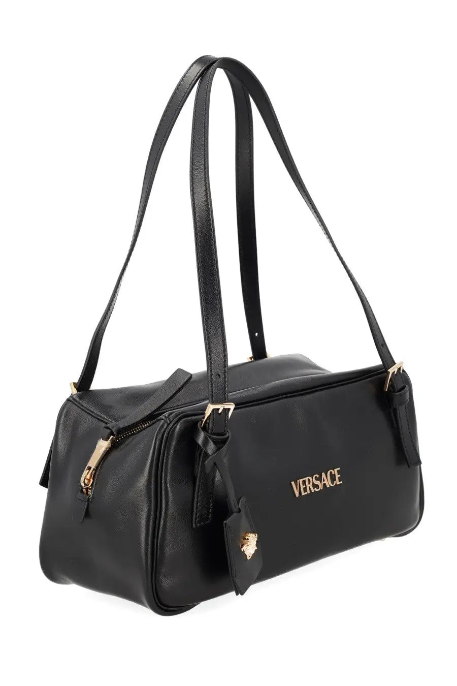 Black leather Versace women’s tag bag with gold-tone hardware and logo detailing for stylish everyday use