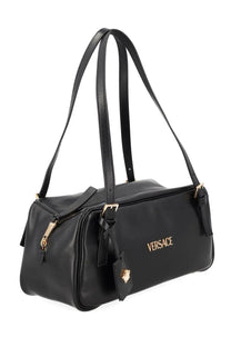 Black leather Versace women’s tag bag with gold-tone hardware and logo detailing for stylish everyday use