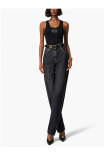 Black high-waisted jeans with gold-tone stitching and matching belt paired with versace women’s tank top black