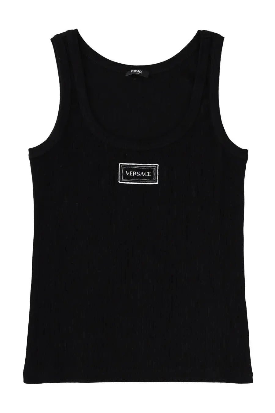 Versace women’s black tank top featuring a white embroidered logo patch on the chest in breathable fabric