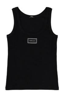 Versace women’s black tank top featuring a white embroidered logo patch on the chest for stylish casual wear