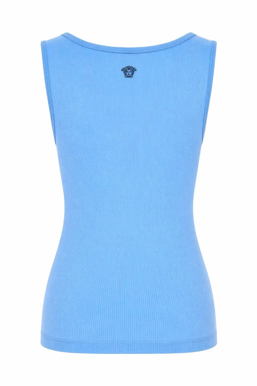 Versace women’s tank top in lana blue showing back side with light blue ribbed fabric and small embroidered medusa logo