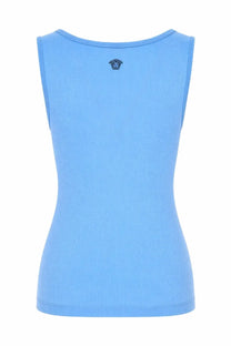 Versace women’s tank top in lana blue showing back side with light blue ribbed fabric and small embroidered medusa logo