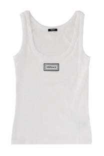 Versace women’s white tank top featuring a black embroidered logo patch on the chest in cotton material