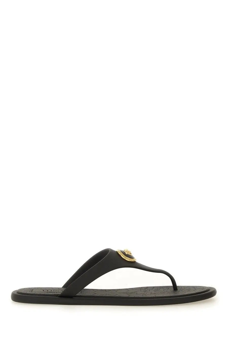 Versace women’s black rubber thong sandal alia with gold-tone medusa head emblem on the strap