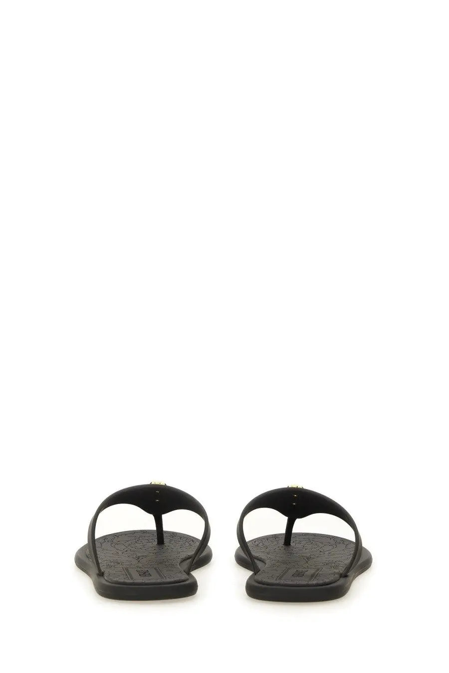 Versace womens black rubber thong sandal alia with subtle textured pattern and gold tone hardware at toe strap